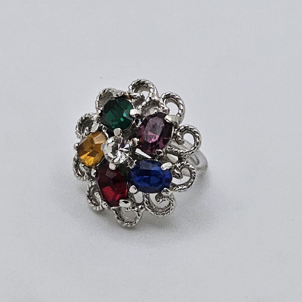 Vintage 1960s Emmons Glass Rhinestone Ring Silver Red Green Yellow Blue Purple